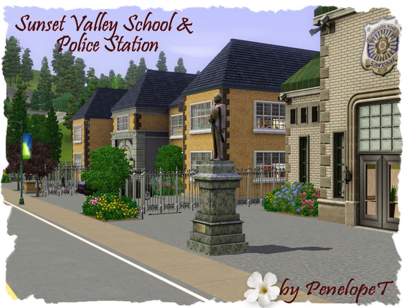 Sims 3 — Sunset School and Police Dept by PenelopeT — After many reckless skateboarding inicdents, the Sunset Valley