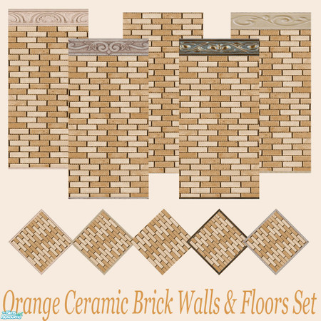 Sims 2 — Orange Ceramic Brick Walls & Floors Set by Sheera — This set includes 10 items : 5 walls and their 5