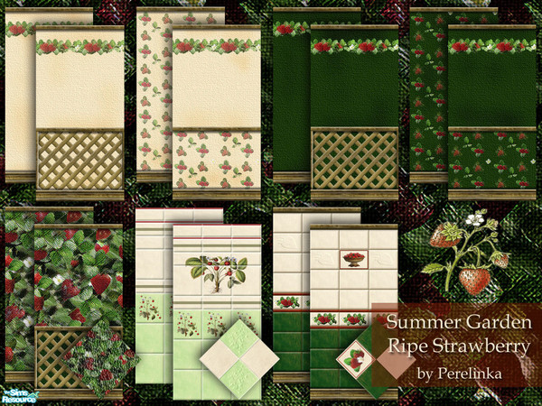 Sims 2 — RIPE STRAWBERRY Set by perelinka — SUMMER GARDEN - RIPE STRAWBERRY: Set of wallpapers and tiles in two colors:
