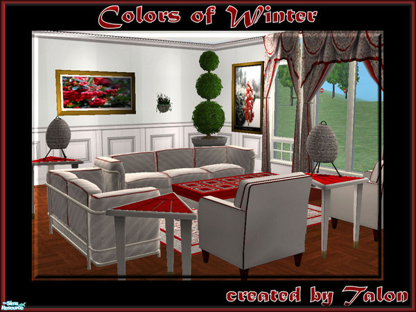 Sims 2 — Colors of Winter by Cerulean Talon — Rich reds accent this otherwise white set to make any room fill with cheer.