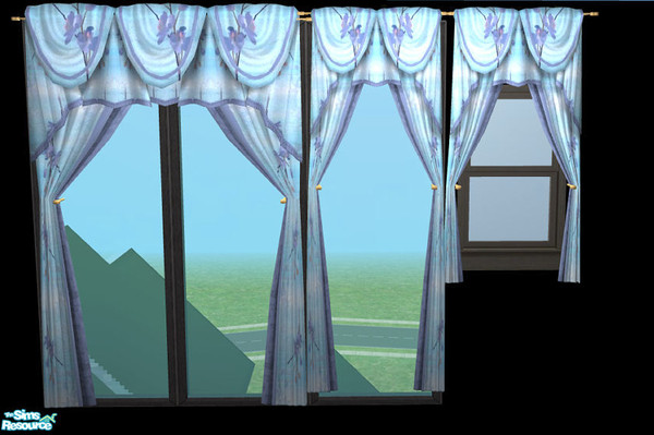 Sims 2 — NK TC50 Curtains - Blue Flower Brown Rod by MoMama — A blue floral curtain with a brown curtain rod.