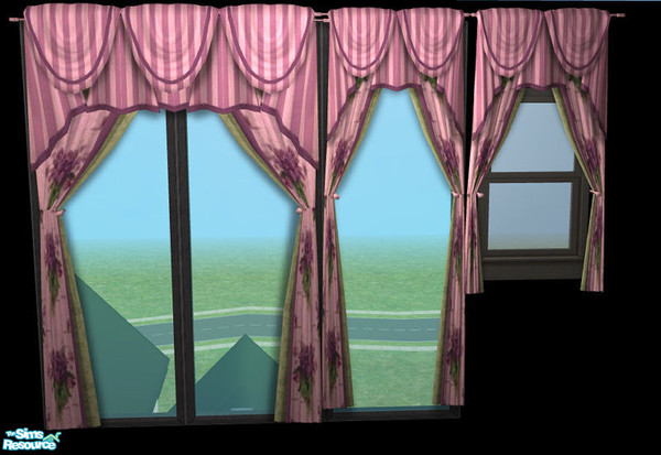 Sims 2 — NK TC50 Curtains - Pink Flower by MoMama — A pink flowered curtain with pink striped swag.
