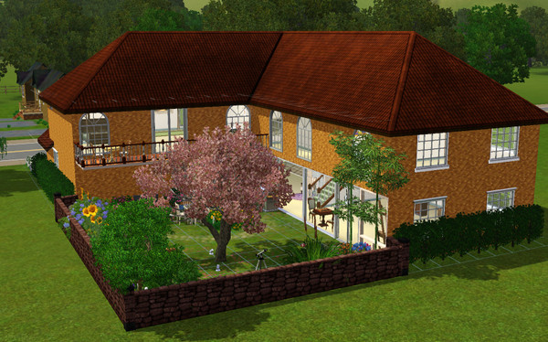 Sims 3 — Rose Court by Taiyles — A spacious brick home wrapped around a secret courtyard full of blooming flowers and