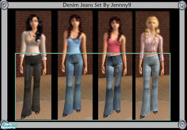 Sims 2 — Denim Jeans Set by Jennny9 — Set of 4 denim jeans for female adults everyday. A pair of black jeans, plain blue