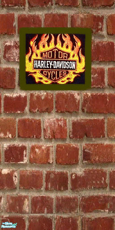 Sims 2 — Harley Davidson Art Brick wall by wyldsyde53 — A brick wall by wyldsyde with a Harley Davidson wall hanging.