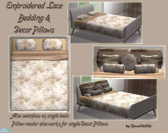 Sims 2 — Embroidered Bedding - Ivory Lace Set by Simaddict99 — Luxurious, ivory silk bedding covered with beaded and