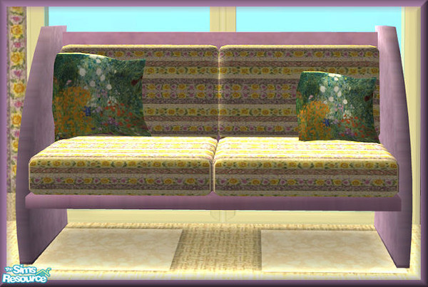 Sims 2 — NK TC46 Living Large LR Loveseat by MoMama — A purple loveseat with floral stripes and picture pillows.