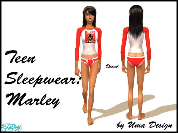 Sims 2 — Teen Girl Sleepwear - Marley & Diesel by Uma Design — Bob Marley tee with long sleeves and Diesel boybriefs