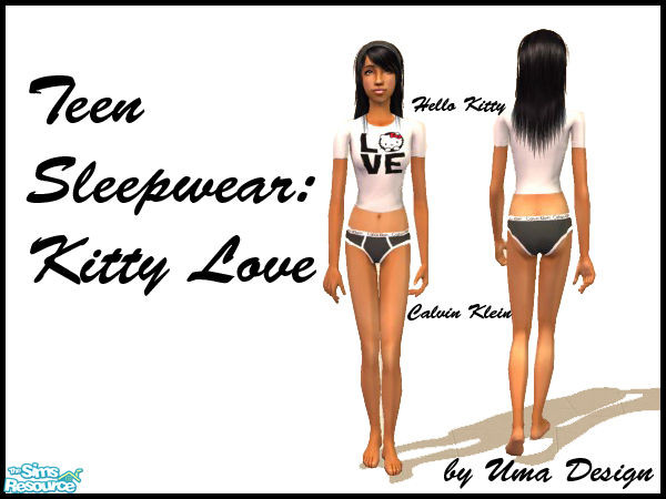 Sims 2 — Teen Girl Sleepwear - Kitty & Klein by Uma Design — Hello Kitty tee with Calvin Klein boybriefs for lovely