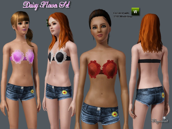 Sims 3 — Daisy Flower Set by skystars5 — Cute daisy shaped top and jean shorts with a daisy on the front and back.
