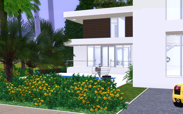 Sims 3 — Palm Entrance by Sophronis — House with modern exterior design, pool in the front and loads of palms. ! Kitchen,
