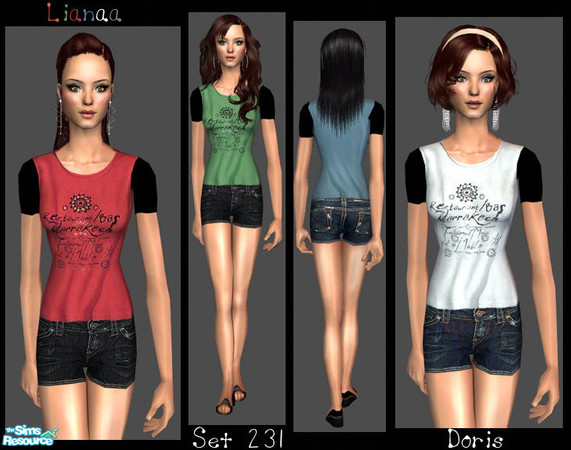 Sims 2 — Set 231 Doris by Lianaa — Set 231 Doris - casual t-shirt in 6 colors and denim shorts
