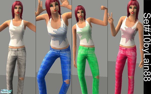 Sims 2 — Set10 by Lain88 — Plaid pants, with a whole on the right leg and a tank.