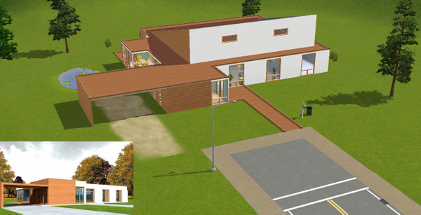 Sims 3 — Base Design Lot by littlebillie — Basic lot with 4 rooms, garage for 2 cars, pond, dining room and living room