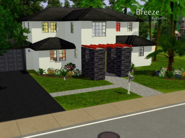 Sims 3 — Breeze by CaitElin — This is a modern house set in a tropical landscape. It has a pool and outdoor living area.