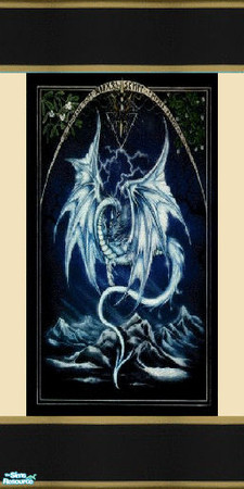 Sims 2 — dragon dreams 2 by skinflin — cream wall blue dragon panel. black gold frame moulding