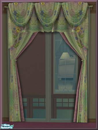Sims 2 — NK Gionnese BR Curtain by MoMama — A curtain in springy green and purple fabric with purple back curtain.