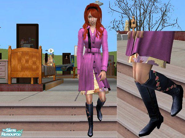 Sims 2 — Pink Outerwear by LadyDeluxe — A soft pink overcoat coupled with a pastel floral print. The fashion boots are