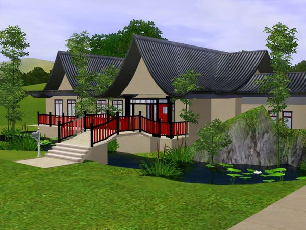 Sims 3 — Asian Style with Pond by cerrikun — Tasteful Asian style 2 bedroom home in red and black color scheme. Features