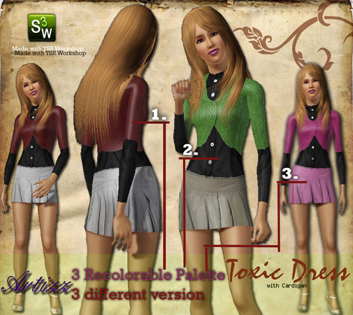 Sims 3 — Toxic by Artizz2 — Artizz Toxic Dress with a Cardigan.3 Recolorable Palettes and 3 different versions.