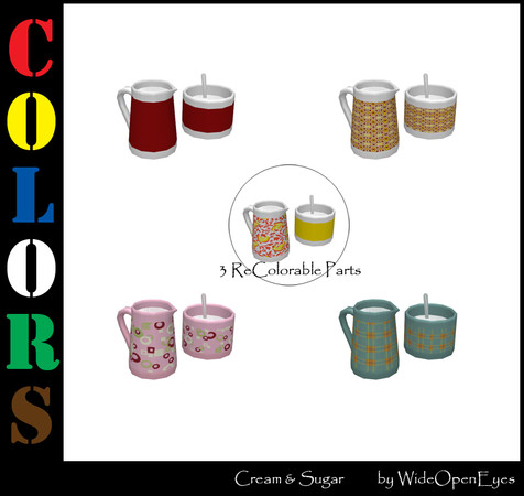 Sims 3 — Colors Sugar And Cream by wideopeneyes — A sugar container and creamer with three recolorable parts to dress up
