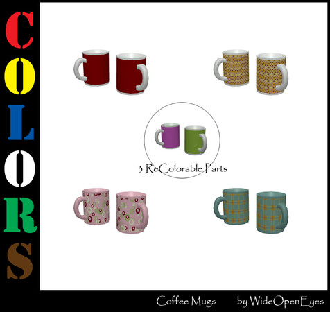 Sims 3 — Colors Two Mugs by wideopeneyes — A couple of mugs to give your sims home a more lived in look. There are three