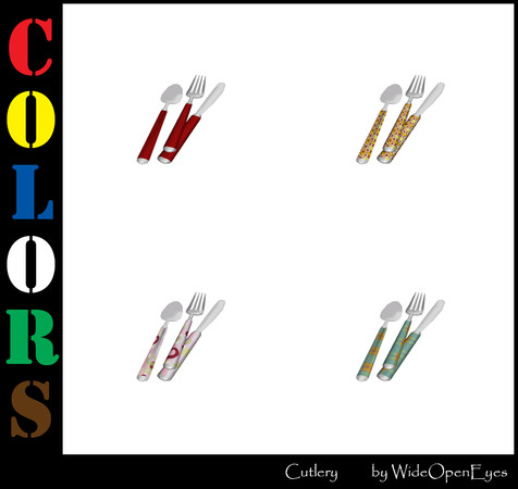 Sims 3 — Colors Cutlery by wideopeneyes — A knife, fork and spoon placed casually to give your sims home a lived in look.