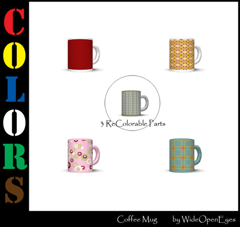 Sims 3 — Colors Coffee Mug by wideopeneyes — A single coffee mug with three recolorable parts.