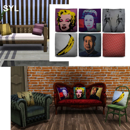 Sims 3 —  Warhol print cushions by eryt96 — Why not have some cheap pop art reprints on your cushions instead of walls.