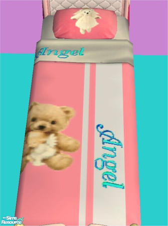 Sims 2 — tams angel bear set 1 - Angel Bedding by tambriah — pink blanket with a teddy bear holding a sleeping angel, a