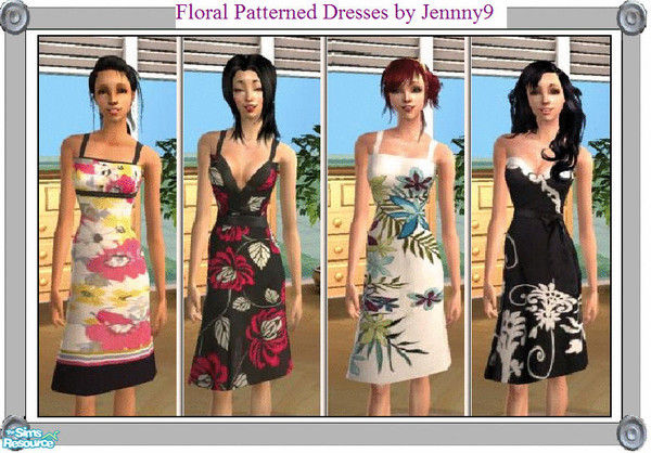 Sims 2 — Floral Patterned Dresses by Jennny9 — Set of 4 dresses with flower patterns. For female adult sims everyday and