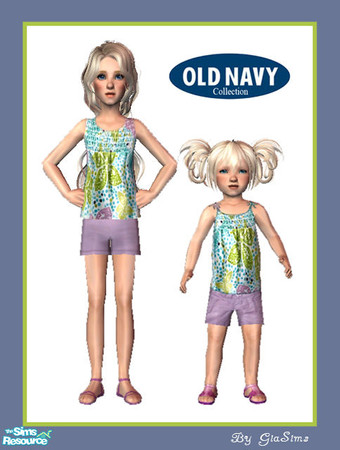 Sims 2 — Old Navy Sister Set by giasims — Old Navy Collection. Pattern shirt and purple shorts. Multiple meshes