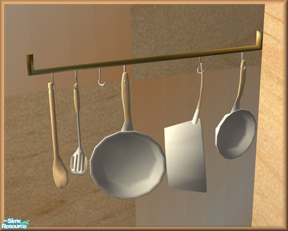 Sims 2 — NK Maya Kitchen Cabinet Rack by MoMama — Hanging from a gold rod are all the utensils you could wish for with