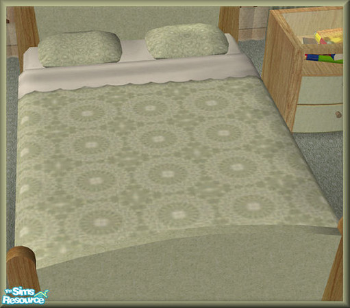 Sims 2 — NK Sintesi BR Green Bedding by MoMama — A pale green lace filligree quilt and pillowcases atop a white sheet and