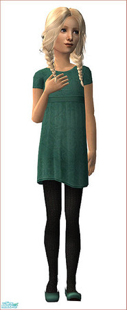 Sims 2 — Coraline - Peacock by flinn — Blue-green dress with knitted black tights and dark green ballerina flats.