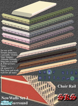 Sims 2 — NewWalls Set3 Stair Chair Rail Surround  by 71robert13 — Matches NewWalls set 3. Now the chair rail continues