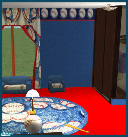 Sims 2 — Baseball Bedroom Sets - Wallpaper by rebecah — Baseball trimmed wallpaper blue