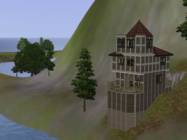 Sims 3 — Hermits Dwelling by jetty — A Rickedy Shack, perched on the Edge of the Sea, at the Base of a Moutain. Perfect