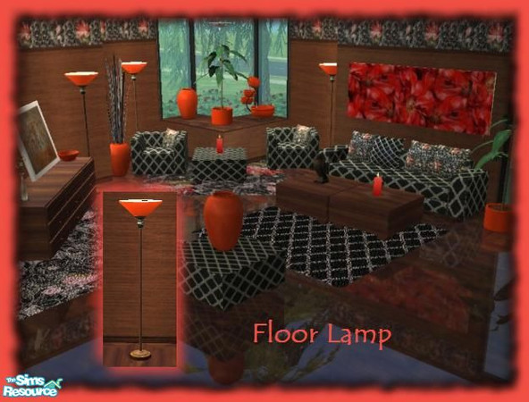 Sims 2 — Shane Living Room - Floor Lamp by simari — Dark wood and dark orange shade floor lamp.
