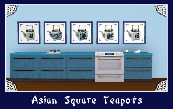 Sims 3 — Asian Square Teapots by ziggy28 — Set of five Asian Square Teapots for your sims kitchens. Cloned from the Maxis