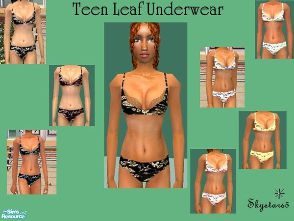 Sims 2 — Teen Leaf Underwear by skystars5 — Cute bra and panty set for teens. The bra is sheer at the top and has the