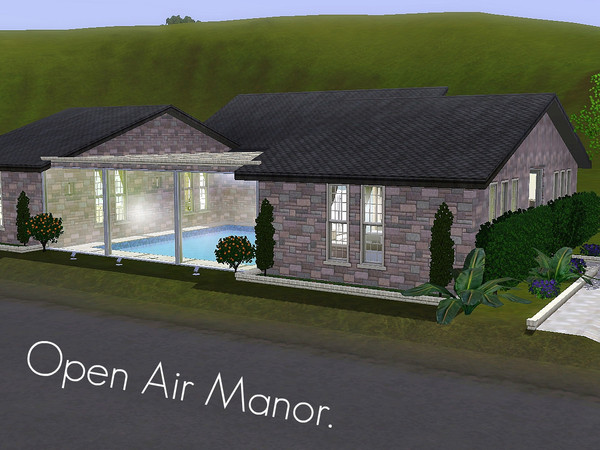 Sims 3 — Open Air Manor by lopezino — This air-influenced manor wraps around a private courtyard and pool. Large windows
