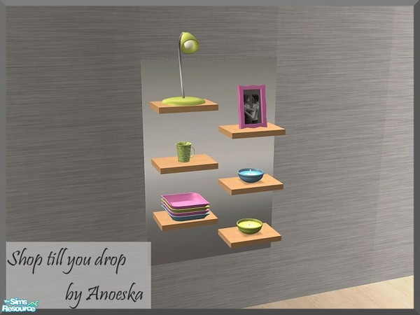 Sims 2 — Shop - Wallshelves with 6 slots by AnoeskaB — Small lightwood shelves with a metallic background and space to
