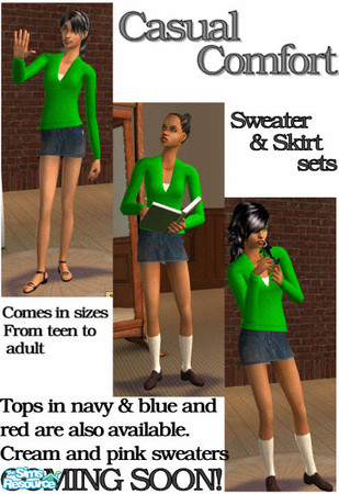 Sims 2 — Casual Comfort in Green by TSR Archive — Comfy green sweater, and a comfortable prewashed denim skirt. Available