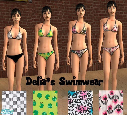 Sims 2 — Delia*s Swimwear by MorbidFerris — Here are four Maxis base swimsuits with prints I found at Delia*s. Perfect