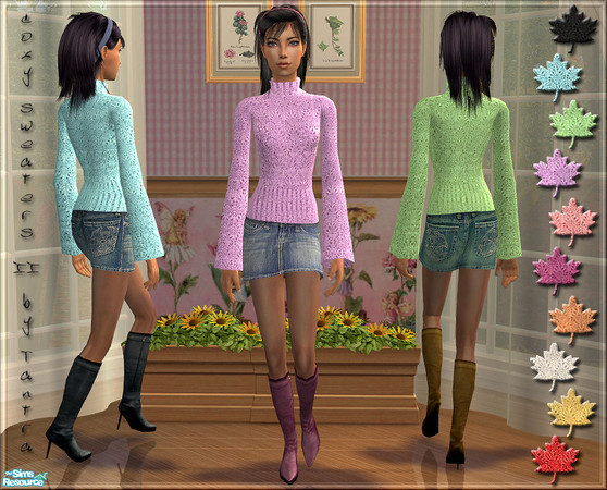 Sims 2 — Cozy Sweaters II by Tantra — Warm & cozy sweaters with jeans mini-skirts, matching semi-sheer pantyhose and