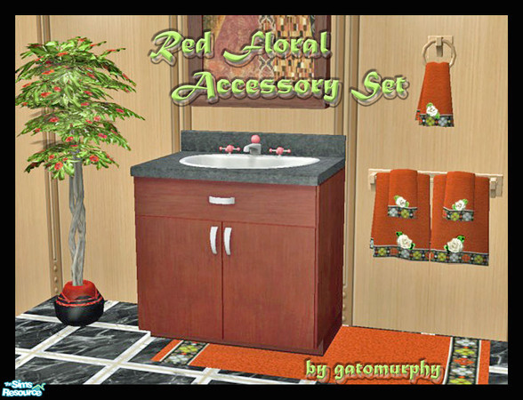Sims 2 — Red Floral Accessory Set by gatomurphy — A bit of retro fun for the bathroom or kitchen! This is one of 4 Maxis