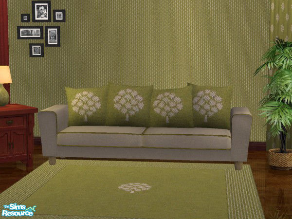 Sims 2 — Cottage Decor Set 3-Antique Beige Sofa by froilan — Lovely beige sofa with green trim and tree pattern cushion.