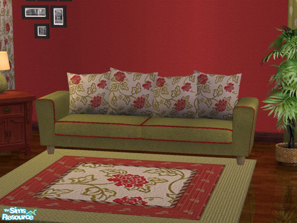 Sims 2 — Cottage Decor Set 3-Garden Rose Sofa by froilan — Lovely green sofa with red trim and Rose pattern cushion. Part