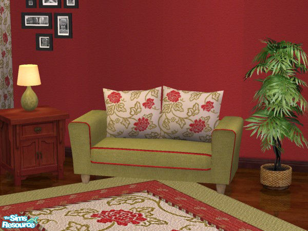 Sims 2 — Cottage Decor Set 3-Garden Rose loveseat by froilan — Lovely green loveseat with red trim and Rose pattern